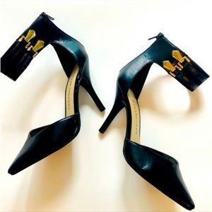 Chinese Laundry pointed toe black high heels w ankle strap gold zipper 8.5